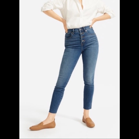 EVERLANE The Vintage Skinny Jean Denim Rae Hem Ankle Crop Dark Wash Button Front - Picture 1 of 9